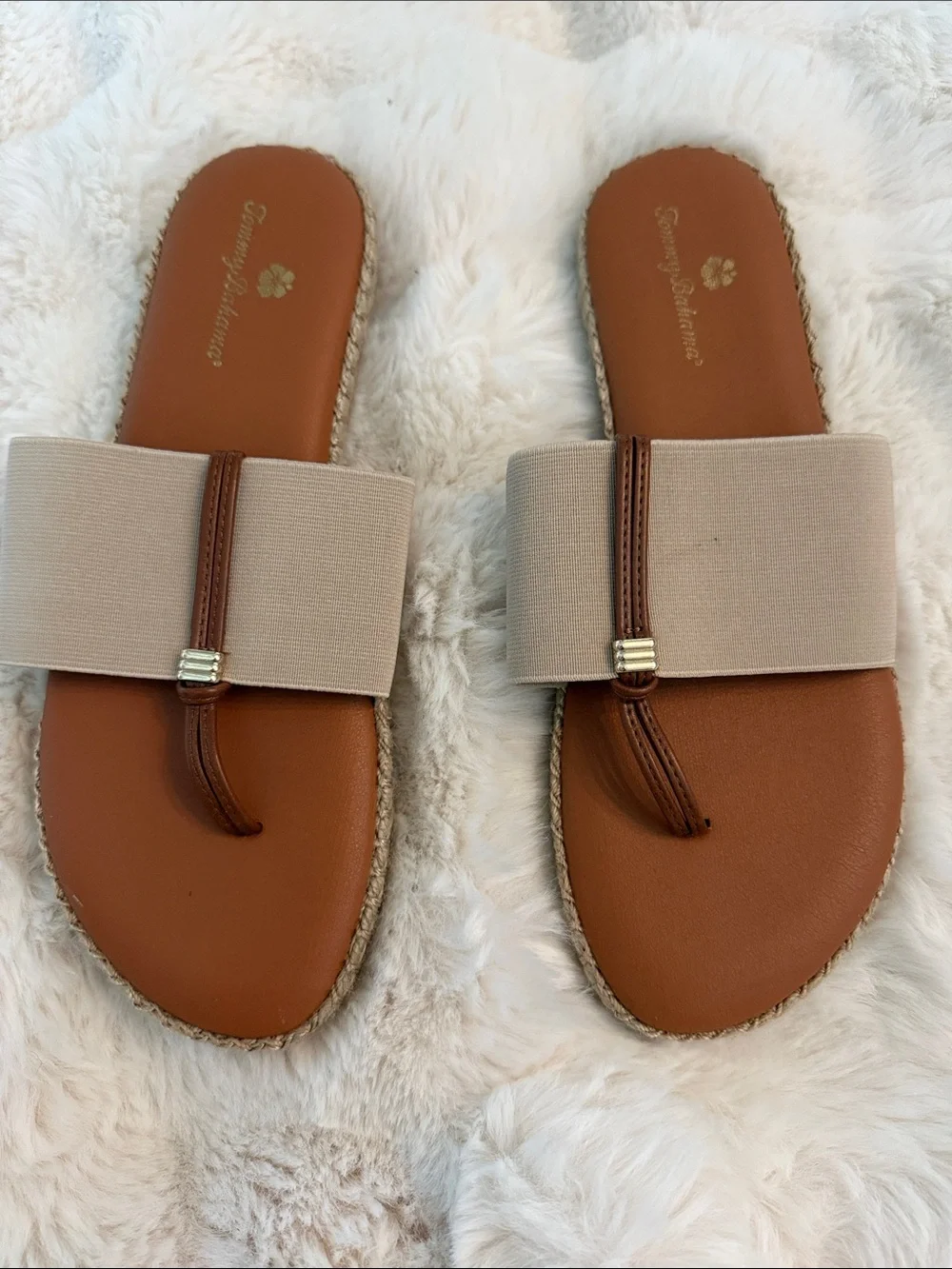 Tommy Bahama Tara  Beige Wide-Band Toe-Loop Sandals with Brown Footbed